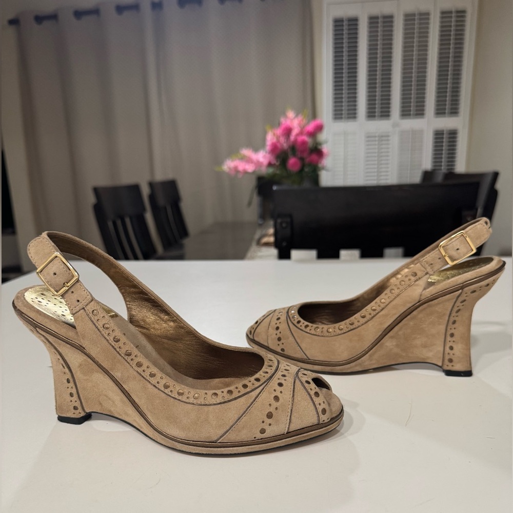 Women Shoes Cole Haan Tan Suede Leather Strap Back Open Toe Wedge Heels Size 6